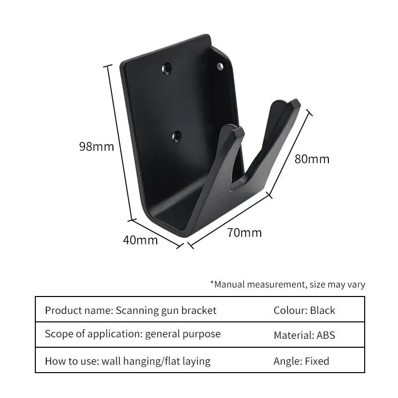 Black fixed-angle scanner gun bracket diagram with wall-mount style holder