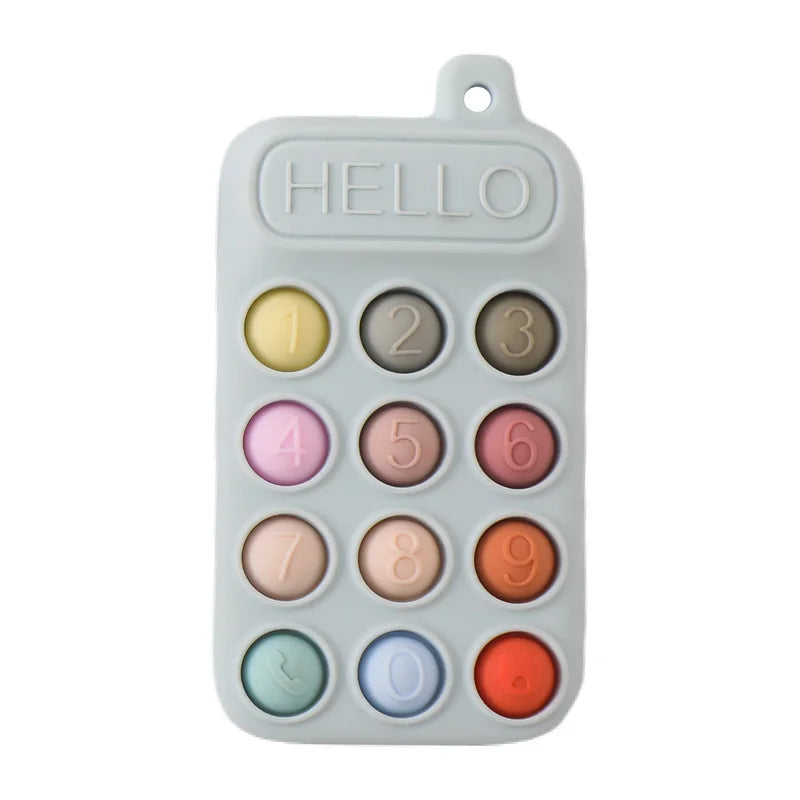 Gray silicone phone teething toy with multi-colored buttons for baby teething relief.