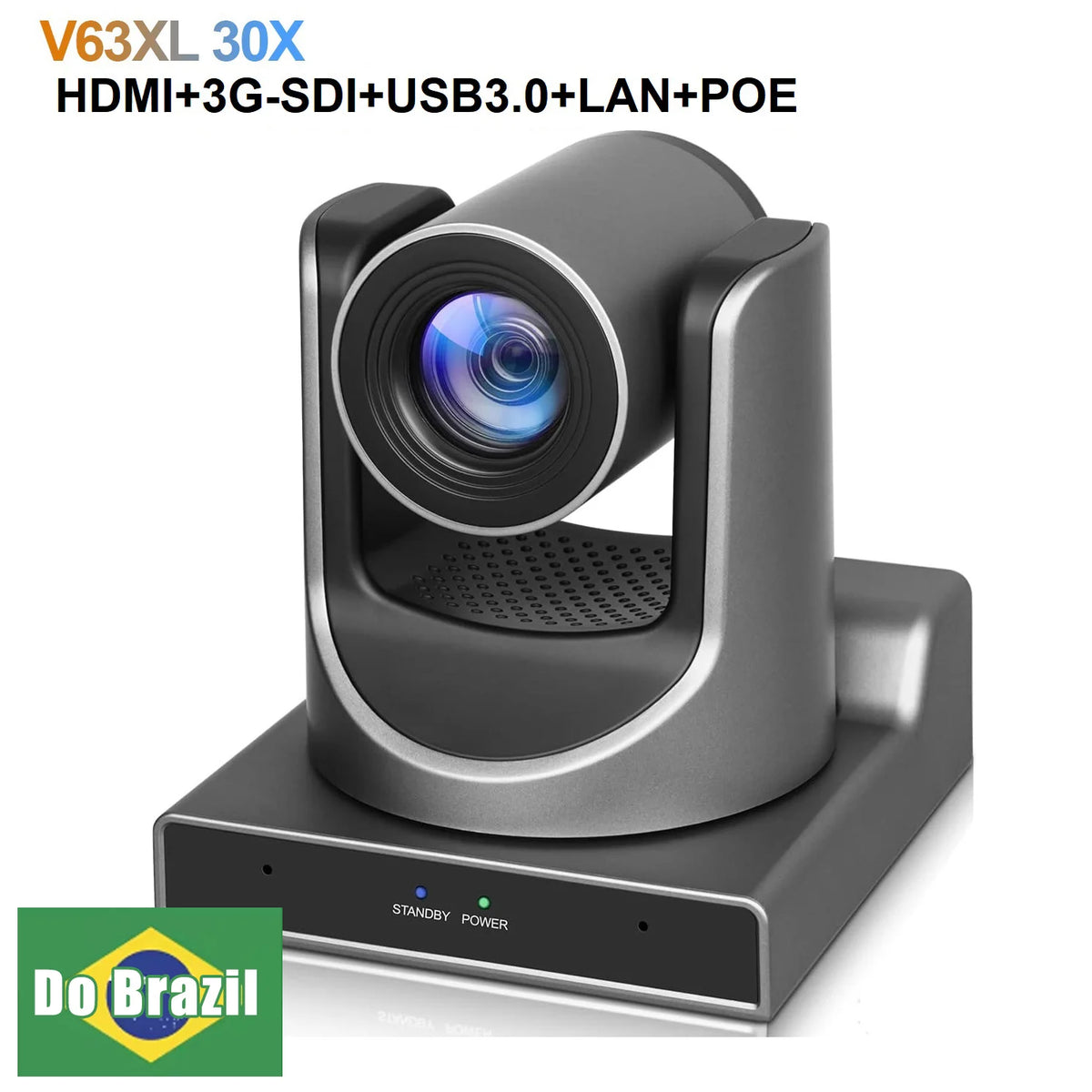 Black PTZ conference camera with front lens and base standby power lights