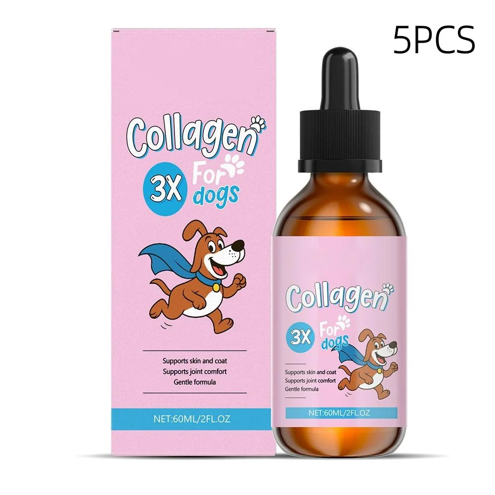 Tidesmit 5-pack dog collagen drops for healthy skin, shiny coat, and joint support, gentle liquid dietary supplement.