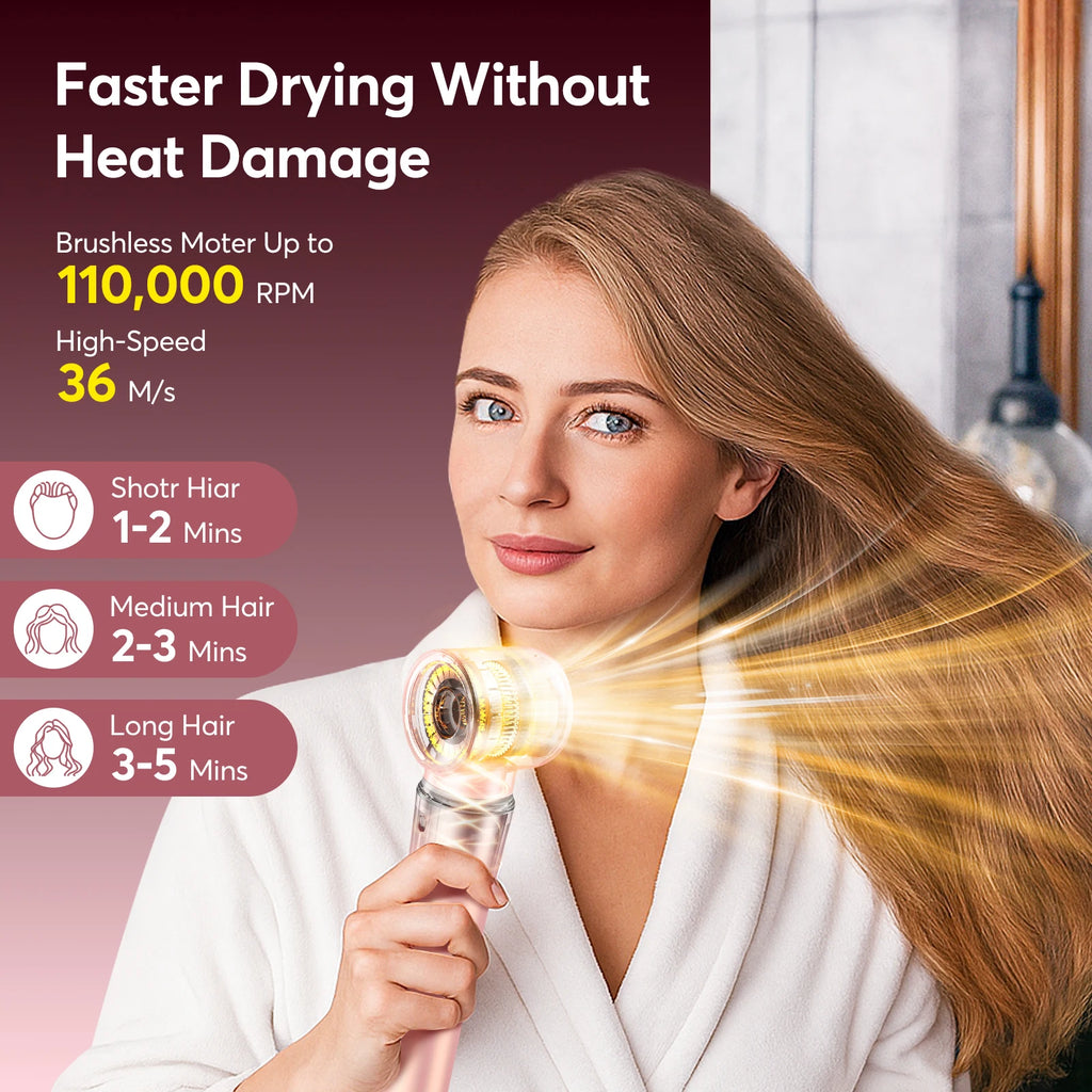 5-in-1 high-speed hair dryer and air wrap styler in pink drying long hair quickly without heat damage.