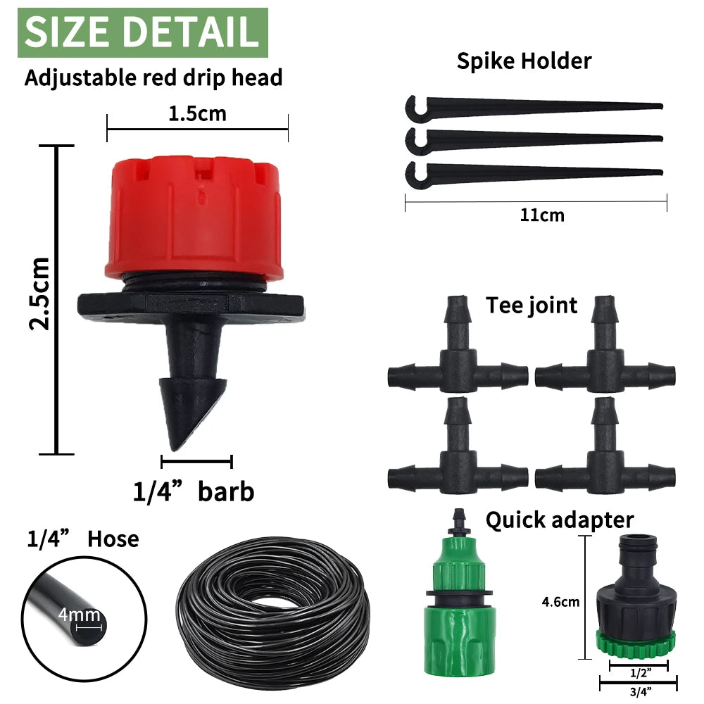 Adjustable drip head and irrigation fittings detail with hose, tee joint, and spike holder