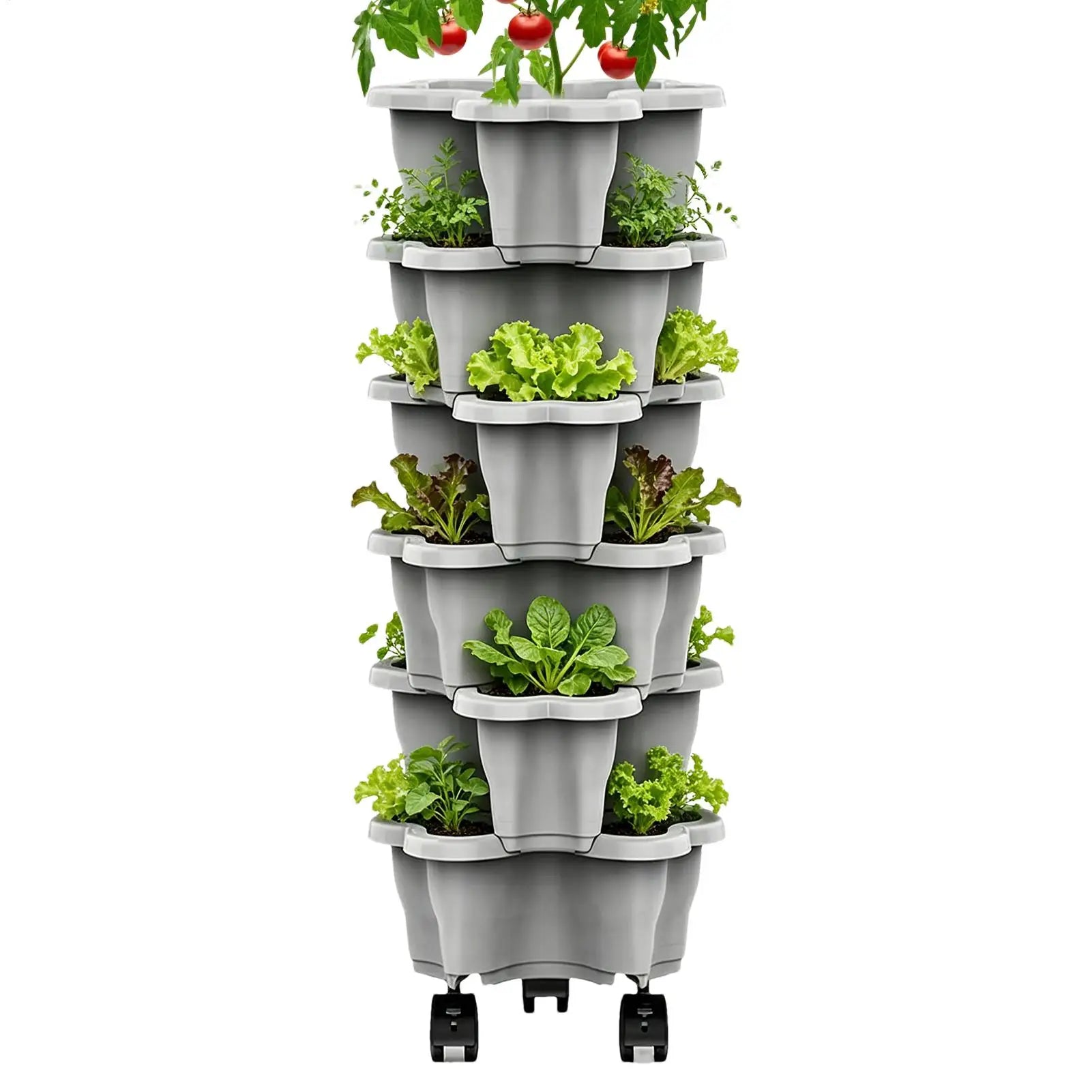 6-Tier Plastic Stackable Vertical Flower Pot Garden Planter Tower With Movable Casters For Strawberry Vegetable Frame Growing