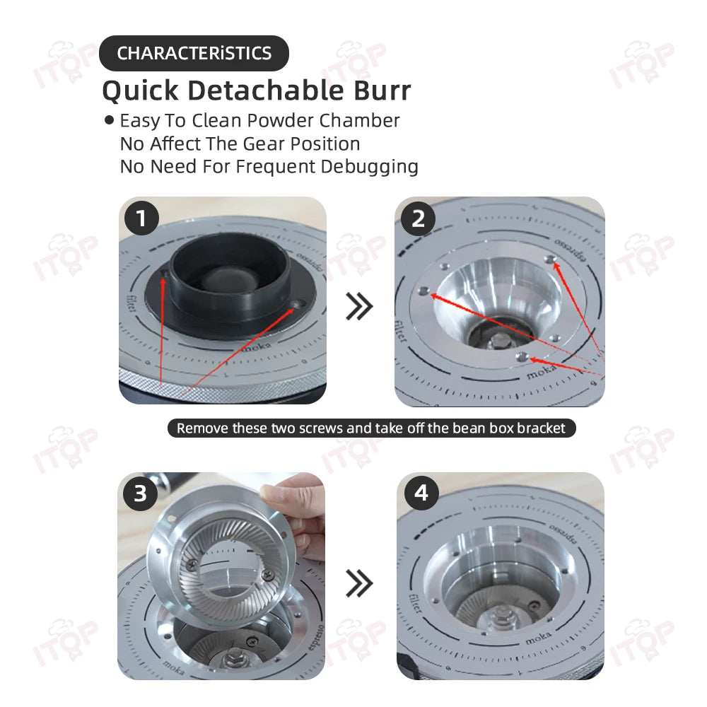ITOP coffee grinder step-by-step guide showing how to remove the metal burr and bean box for easy cleaning.