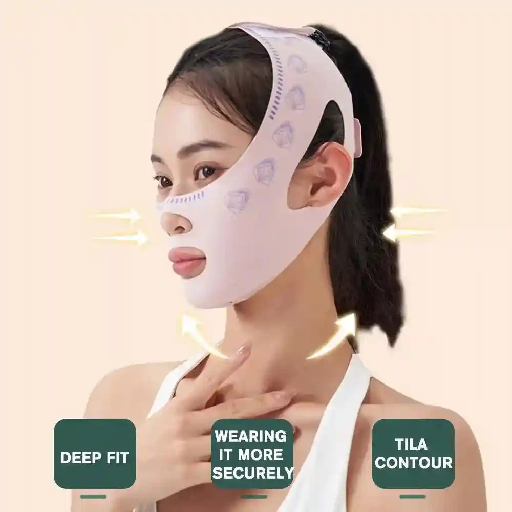 A model wearing a light pink, patterned face-lifting strap to support the chin and jawline.