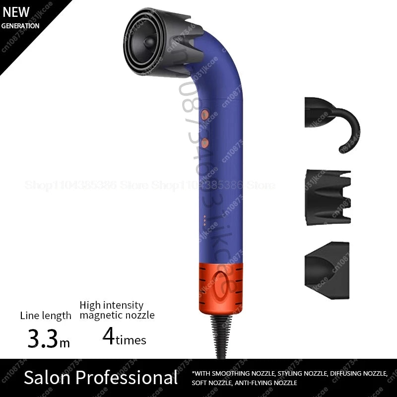Blue leafless negative ion hair dryer with 4 magnetic styling attachments and professional long cord.