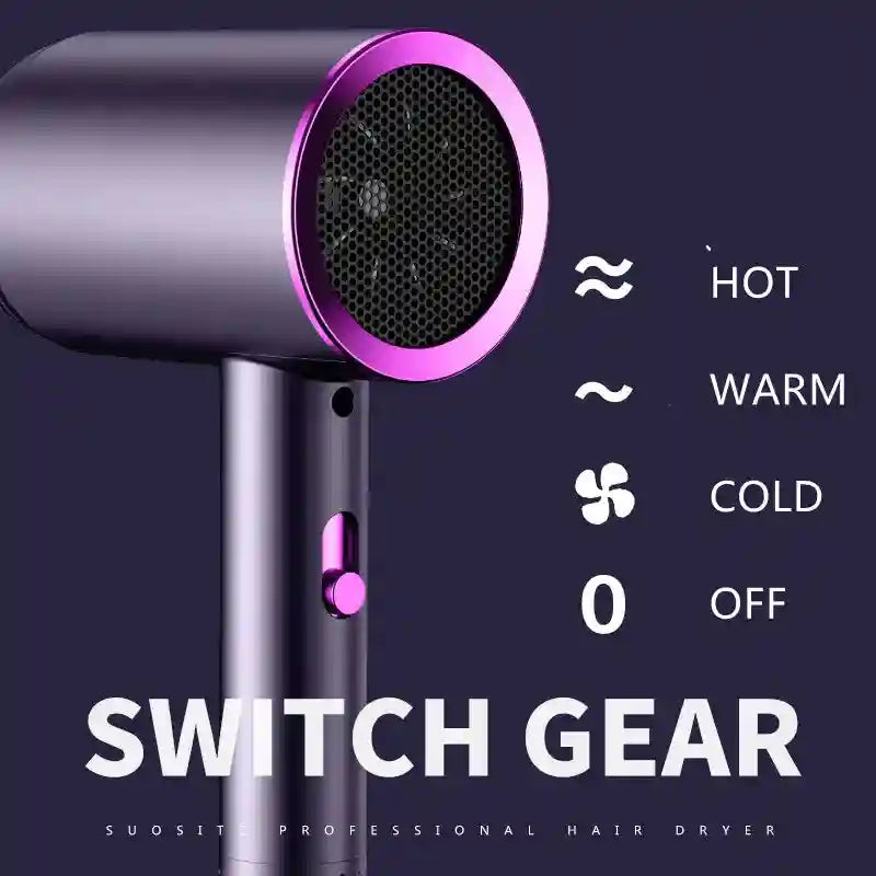 Professional purple 1000W ionic hair dryer with adjustable hot, warm, and cold heat settings for fast, quiet drying.