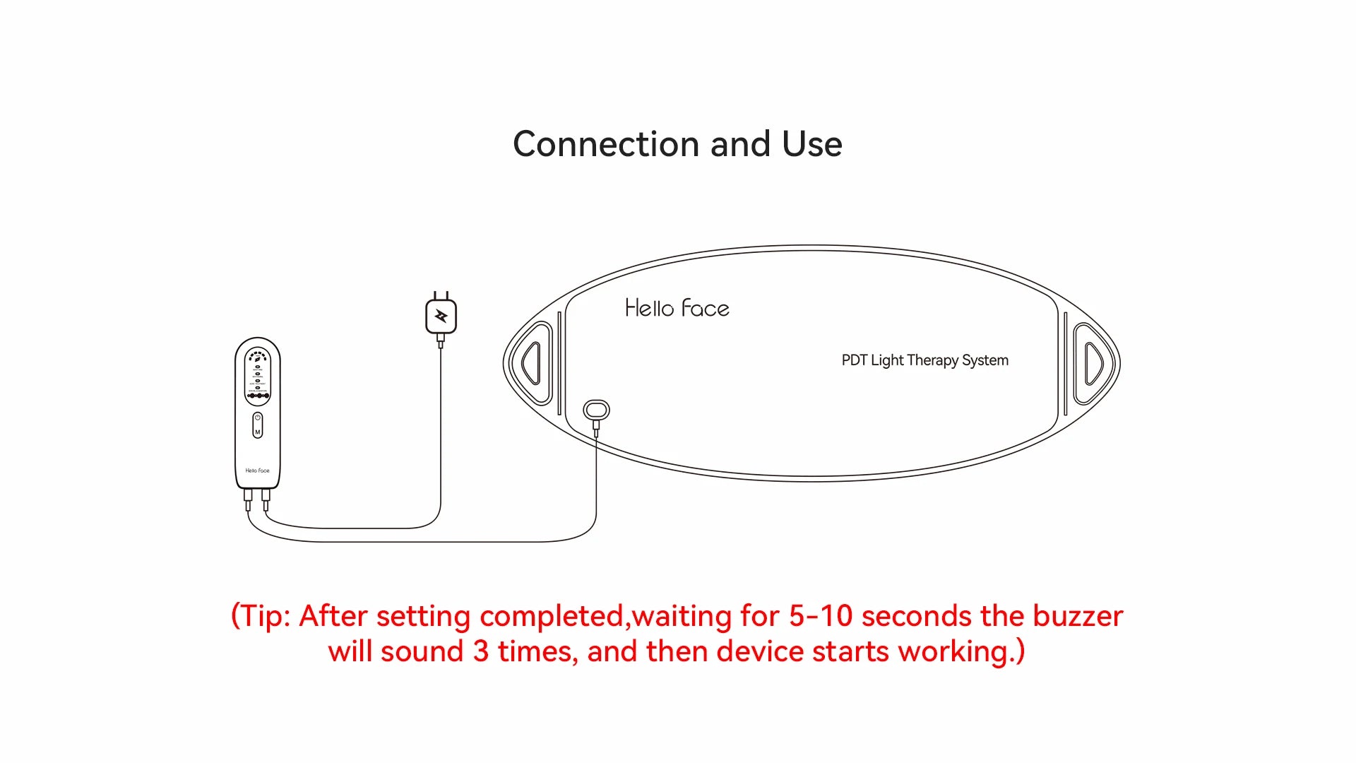 Line drawing showing how to connect the Hello Face L6 LED light therapy device to its handheld controller.