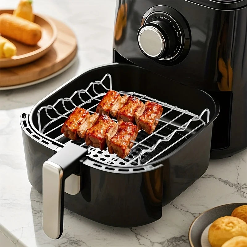 1 PC Air Fryer Rack with 4 Skewers, 1 Set Grill and Steam Rack. Suitable for baking and grilling in small ovens.