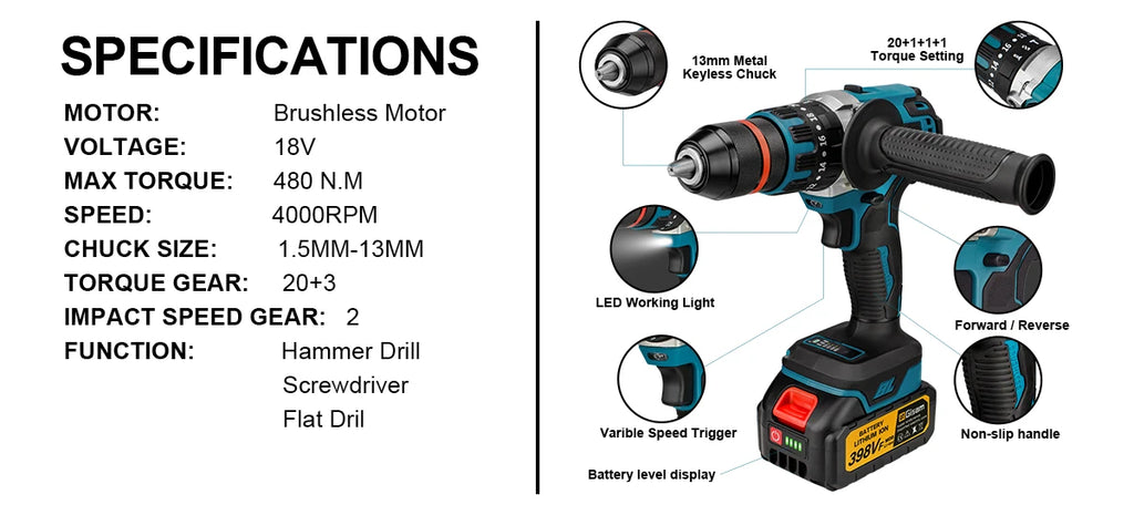 13mm 480N.M Brushless Electric Impact Drill Cordless Drill Electric Screwdriver DIY Driver Power Tool for Makita 18V Battery Pin