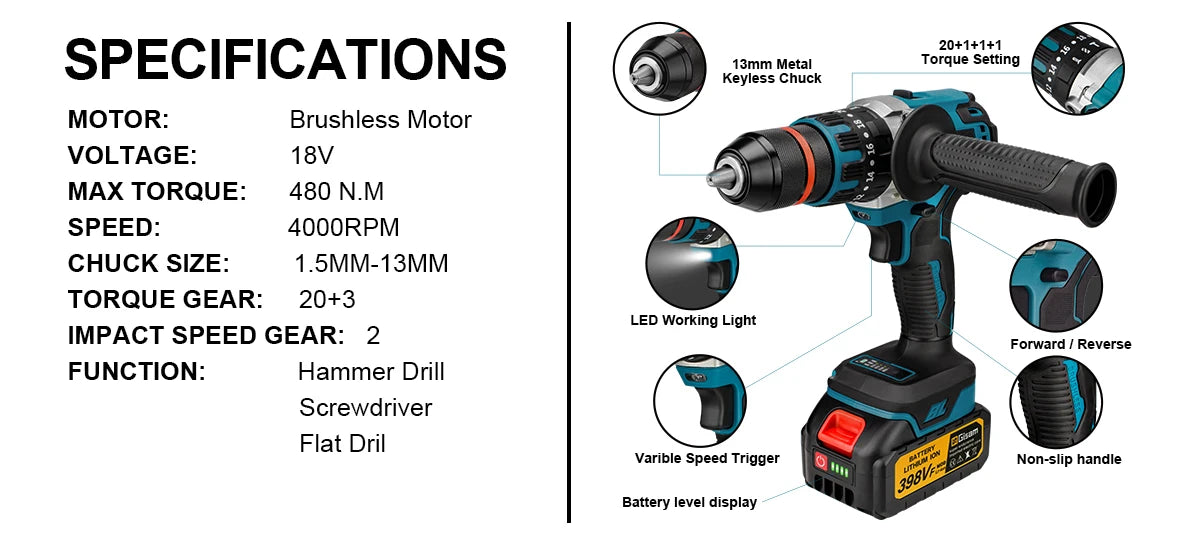 13mm 480N.M Brushless Electric Impact Drill Cordless Drill Electric Screwdriver DIY Driver Power Tool for Makita 18V Battery Pin