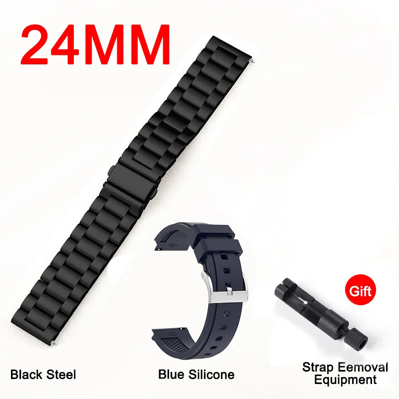 Sports smart watch with black steel metal band; blue silicone strap shown