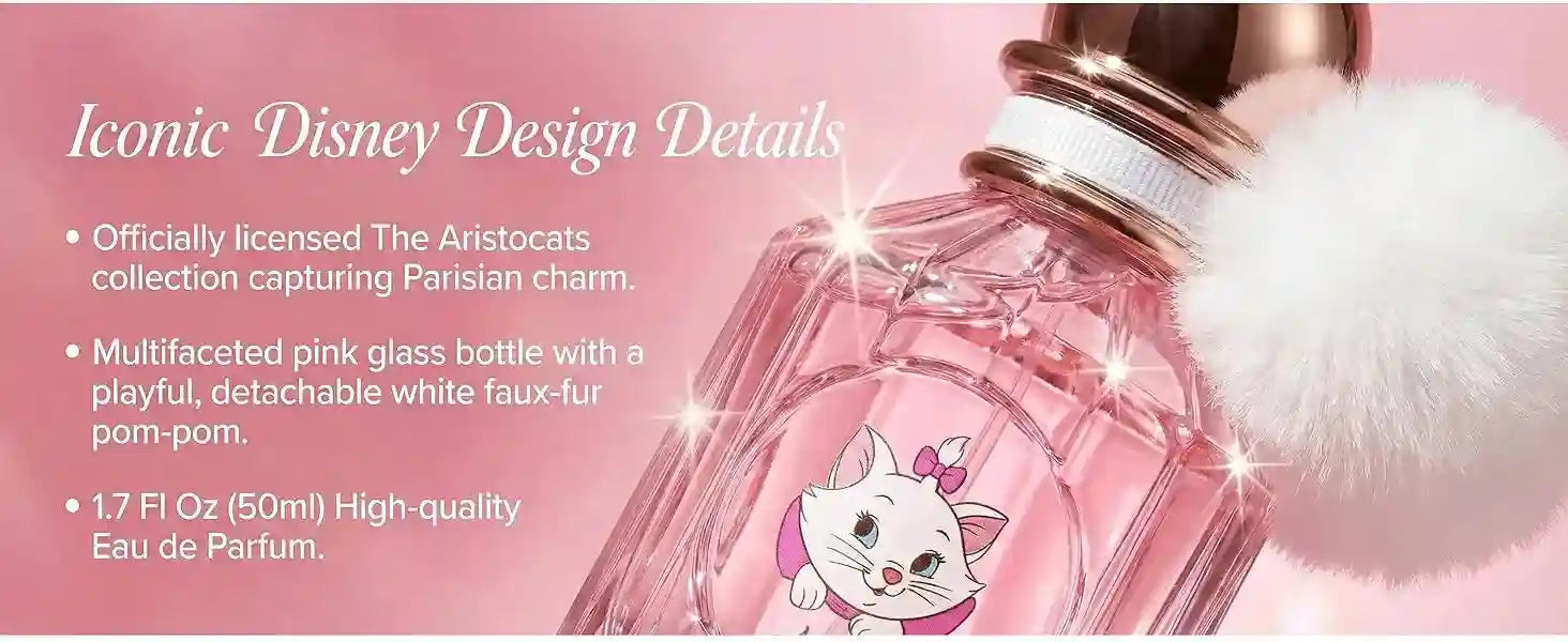 Miniso Disney Marie 50ml Eau de Parfum: Floral fruity scent in a multifaceted pink bottle with white faux-fur pom-pom.