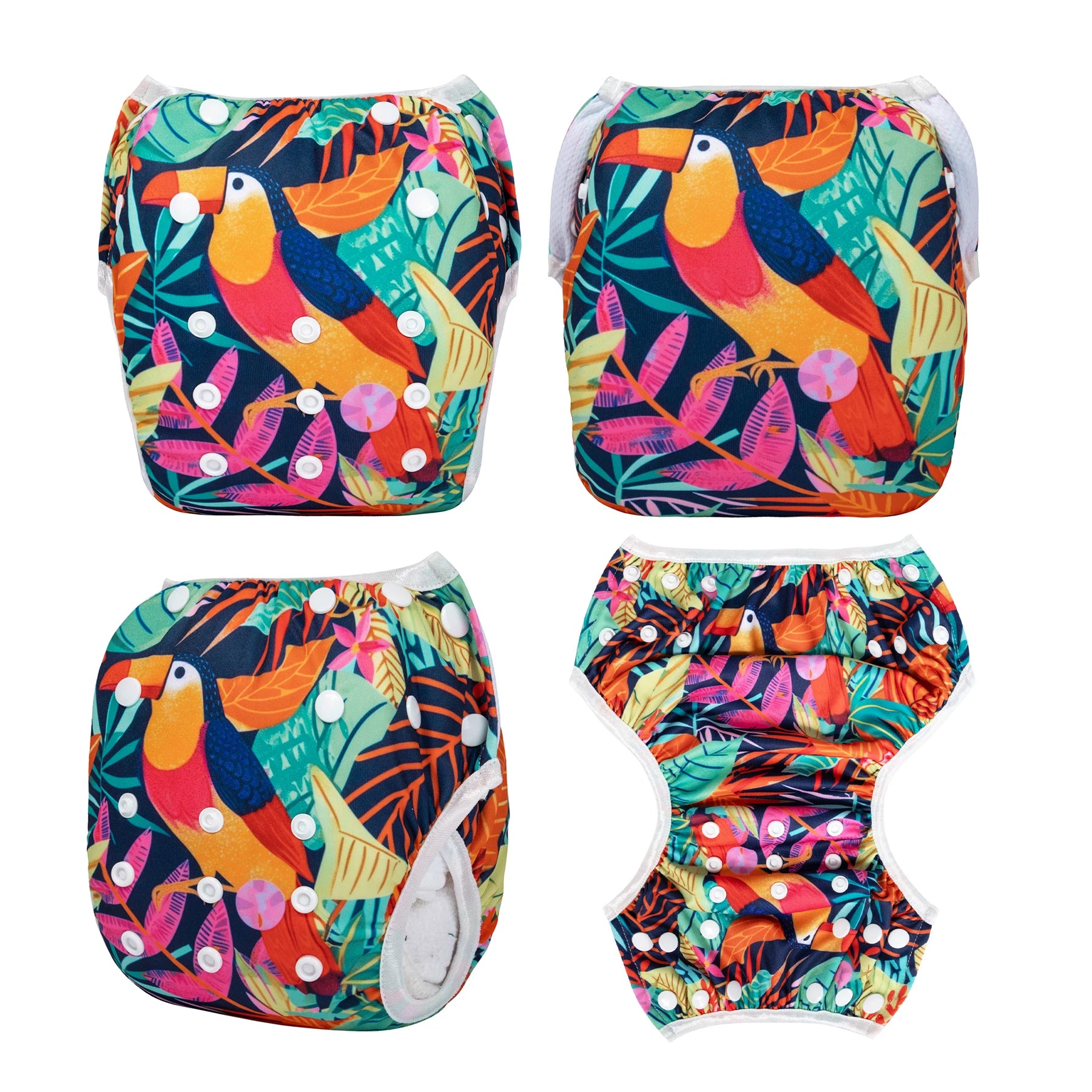 Reusable baby care diaper with adjustable snaps and colorful toucan jungle print design.