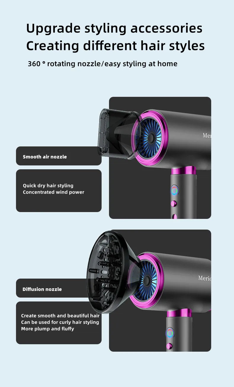 2400W high-speed grey hair dryer with pink accents, magnetic smooth and diffusion nozzles for professional styling.