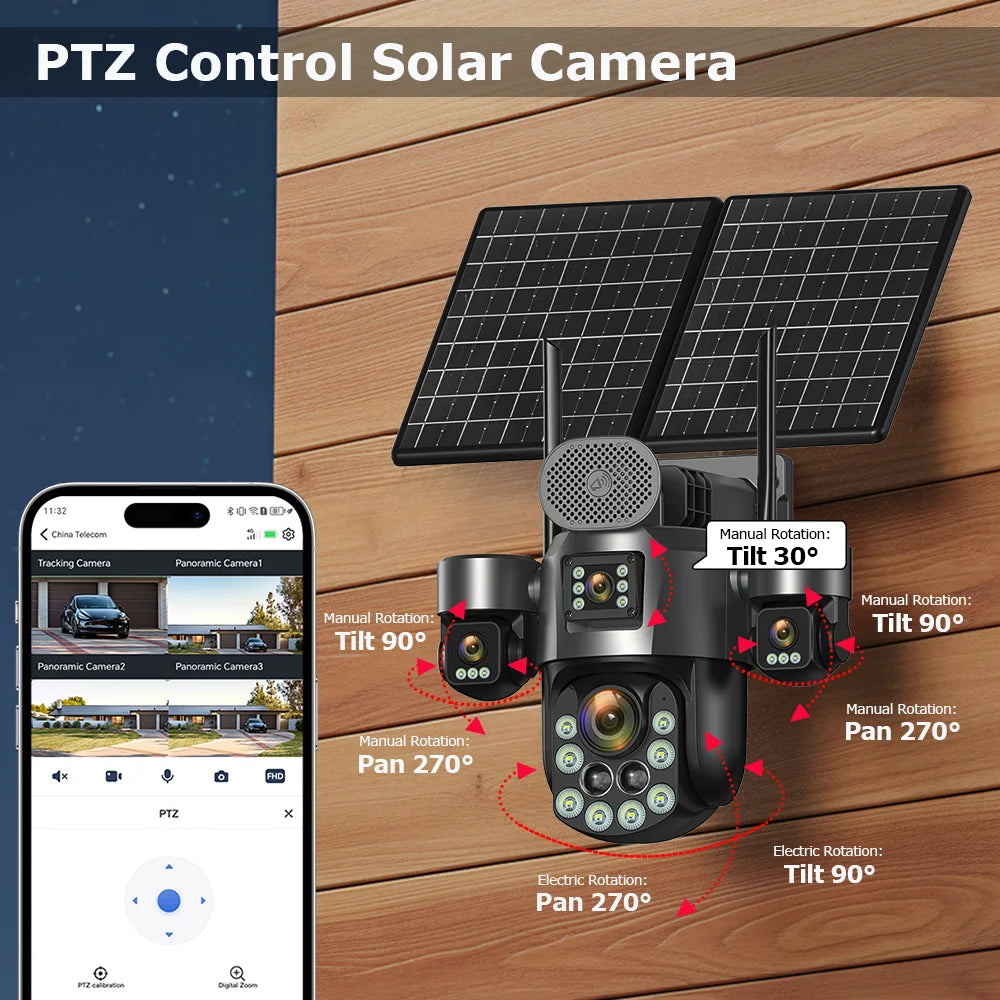 4G Solar Surveillance Camera 4‑Lens 60X Optical Zoom Human Tracking 31200MAH Battery 24‑Hour Recording Outdoor Security Cameras