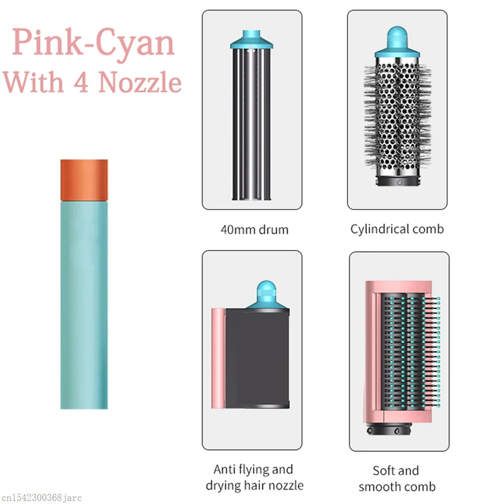 SenCiciMen X9 multi hair styler in pink-cyan with 4 attachments: curling barrel, drying nozzle, and styling brushes.