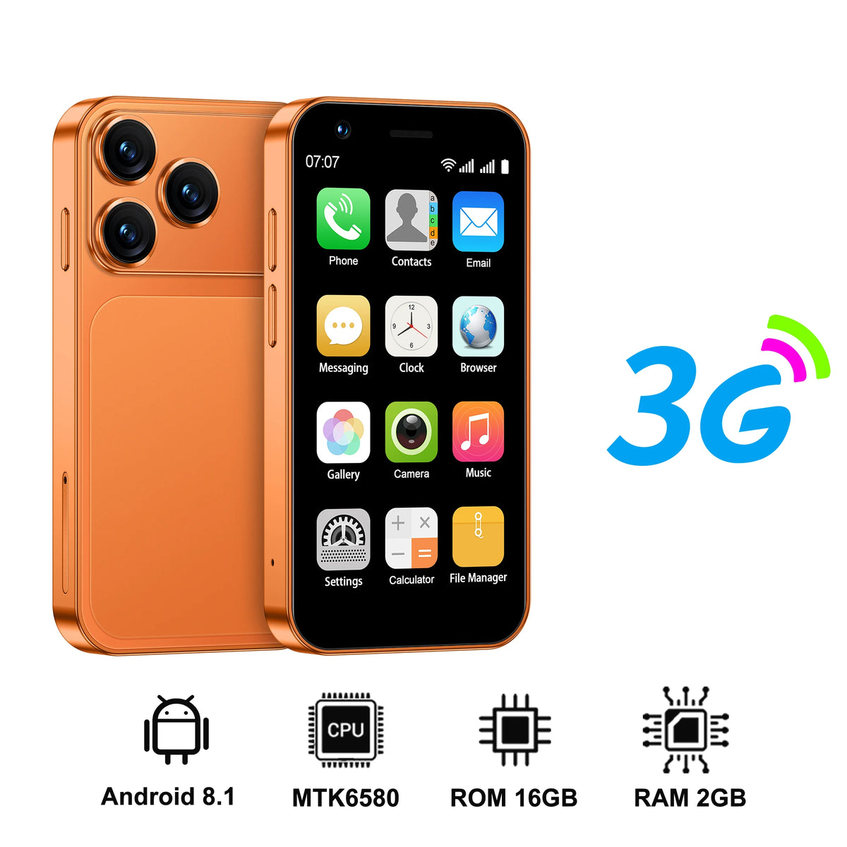 Orange 3-inch mini Android smartphone with front apps screen and triple rear cameras