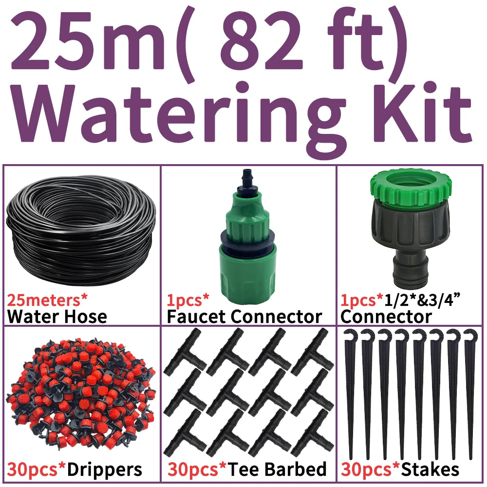 DIY watering kit with black hose coil, green faucet connector, drippers, tees, stakes