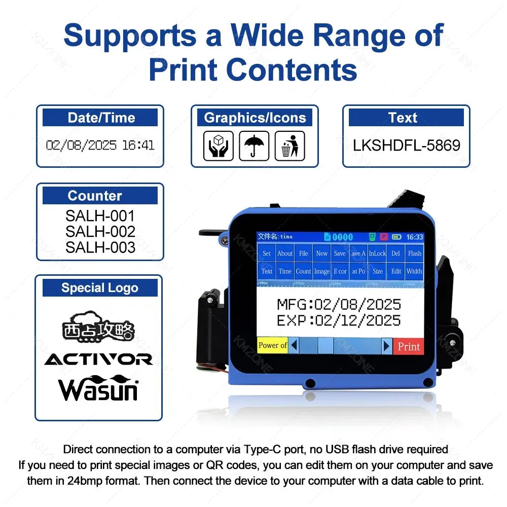 Mini inkjet printer with date/time, counter, and text settings shown on screen, black
