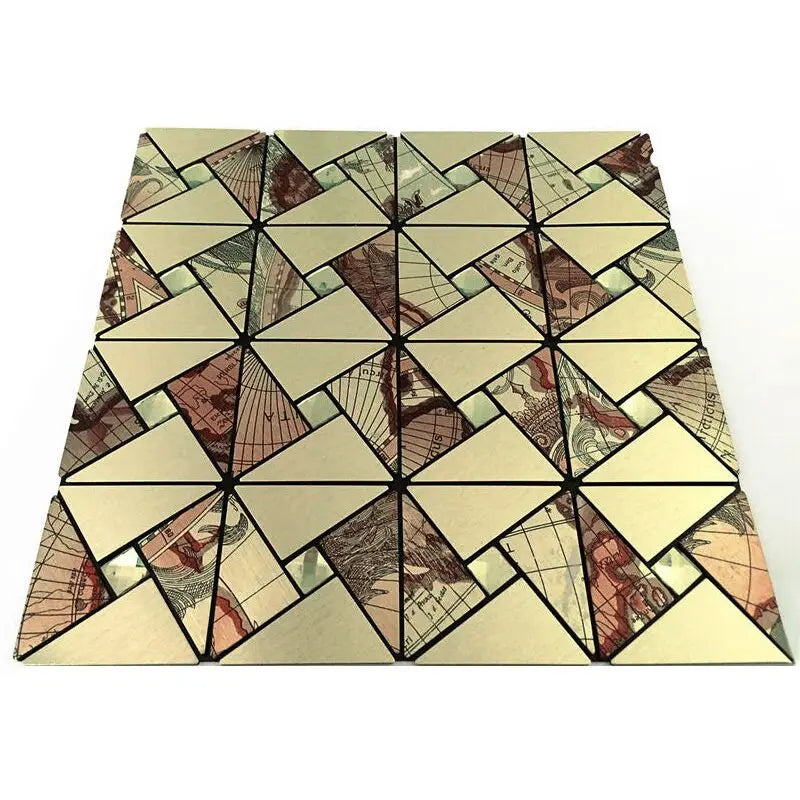 Self-adhesive mosaic tile sheet, light gold geometric mirror tiles with reflective pieces