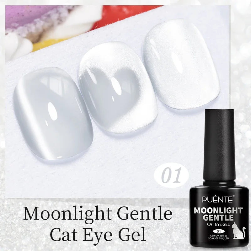 Moonlight Gentle cat eye nail gel. Shimmery white polish on oval nails with a heart pattern and a black 7.5ml bottle.