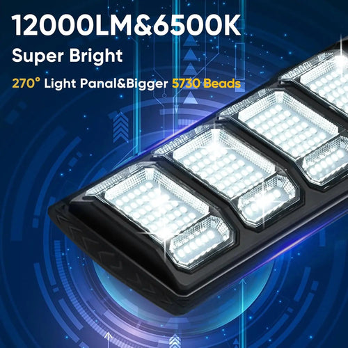Black solar street light showing bright multi-lens LED array on rectangular head