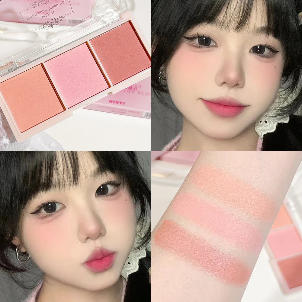 Tidesmit three-color matte blush palette in a detailed swatch view for natural nude face makeup and skin brightening