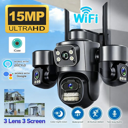Outdoor WiFi PTZ security camera with three lenses, spotlight, and dual lens module, black