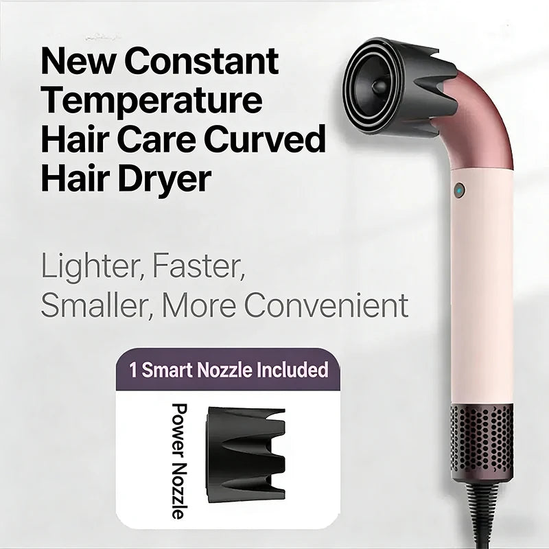 Pink curved-tube high-speed hair dryer with smart styling nozzle for fast, professional hair drying and care.