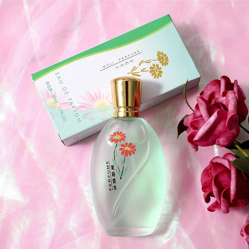 Moli Perfume 50ml EDP: Floral Eau de Parfum for women. Oval glass bottle, floral print, long-lasting daily scent.