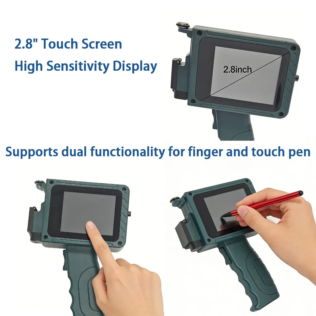 Handheld inkjet printer with touch screen, finger and stylus input shown