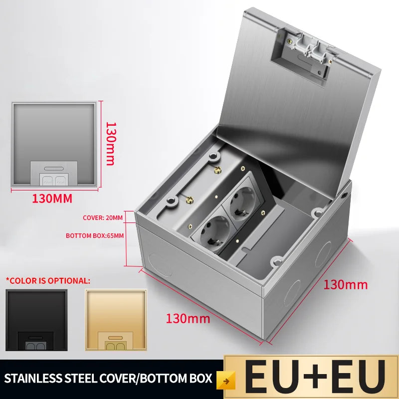 Recessed stainless steel floor socket box with open cover, EU+EU