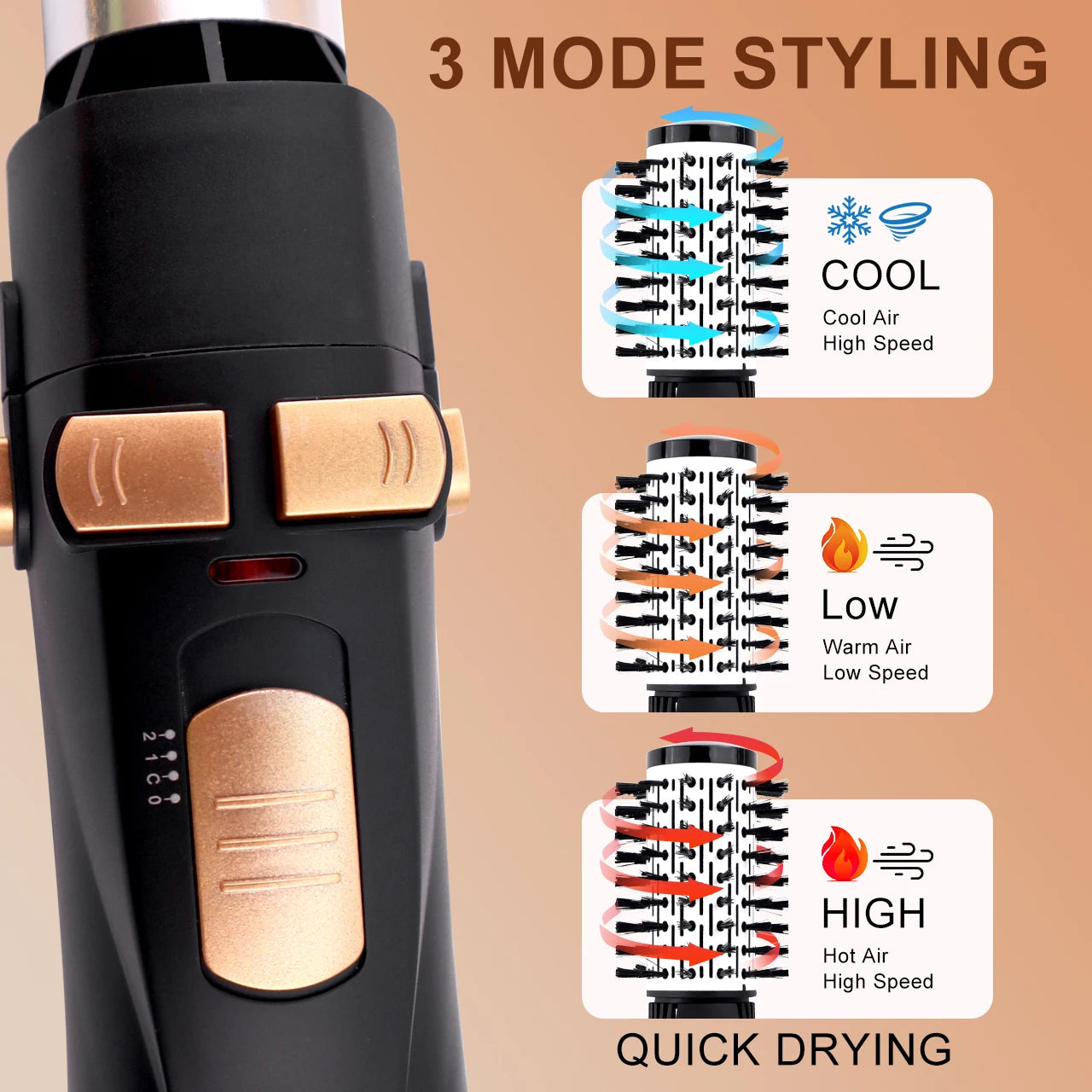 Hatteker 4-in-1 hot air brush with gold buttons, 3 heat modes, and round styling brush attachment for quick drying.