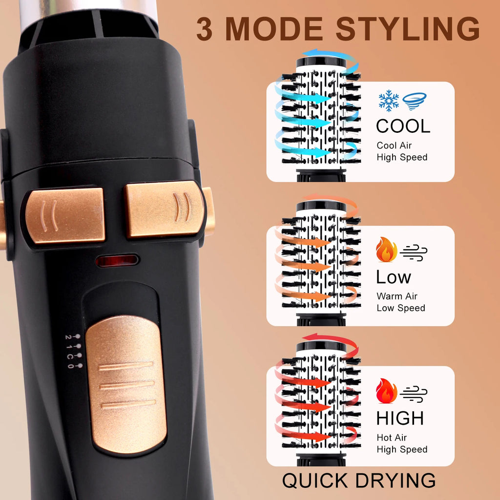 Hatteker 4-head hot air brush in black and gold with 3 adjustable heat and speed settings for professional hair styling.