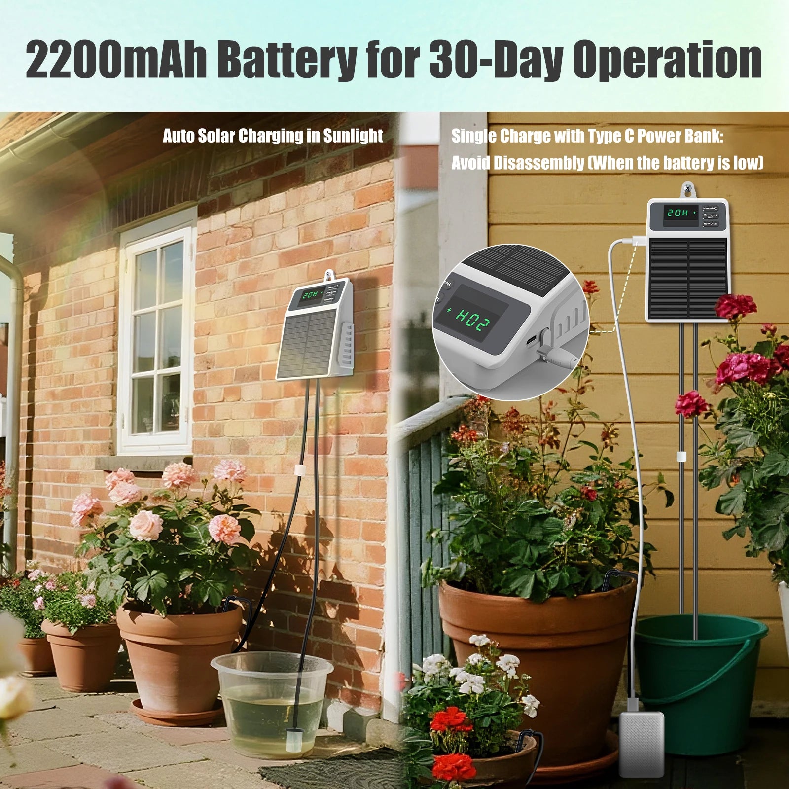 Solar powered watering controller with solar panel and display, set outdoors on stand