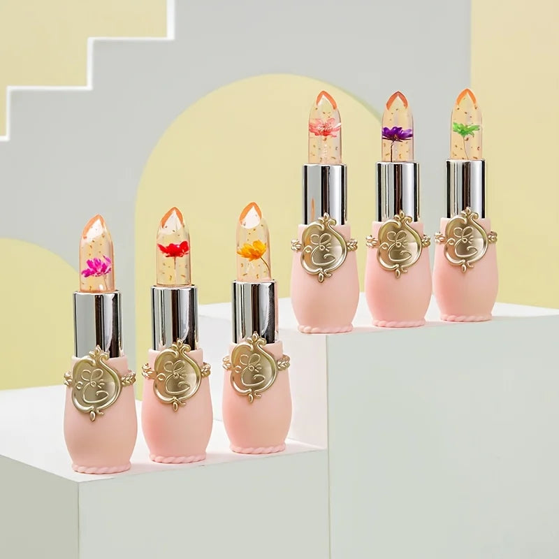Crystal flower jelly lipsticks with gold flakes in pink cases, a moisturizing temperature-changing lip balm set.