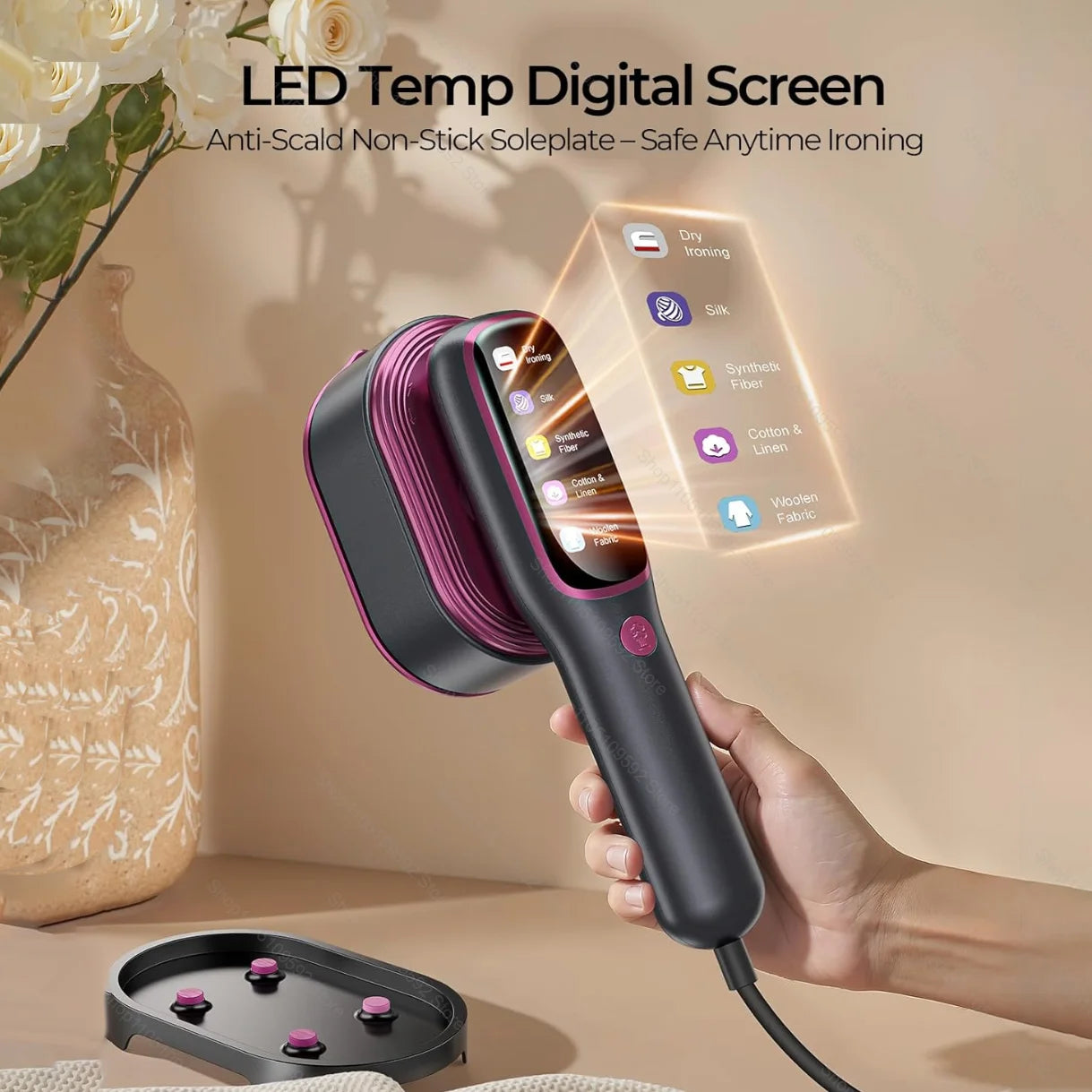 Tidesmit 1200W professional handheld garment steamer side view showing portable design for clothing and upholstery