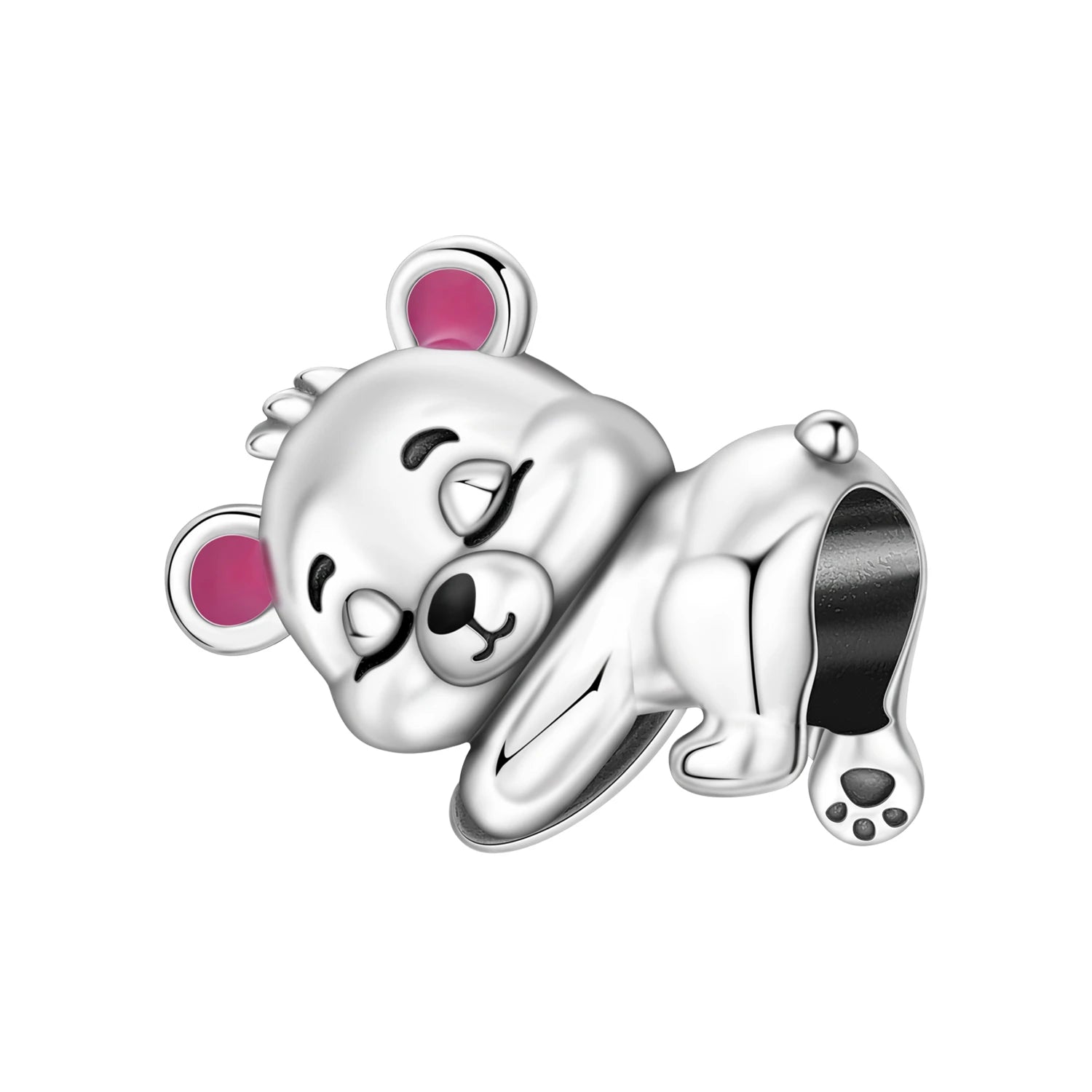 925 Sterling Silver sleeping bear charm bead for DIY bracelets, cute pet jewelry gift with pink ear accents.