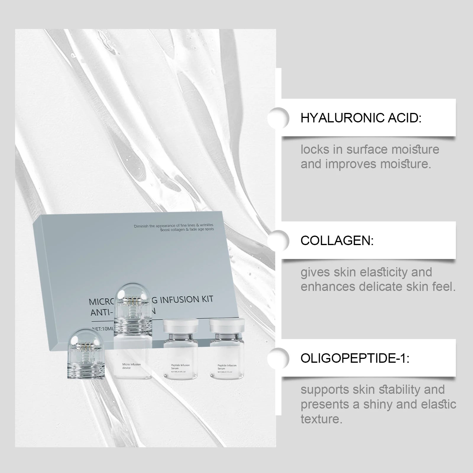 Anti-wrinkle essence kit with micro-infusion device, two serum vials, and box against a clear gel texture background.