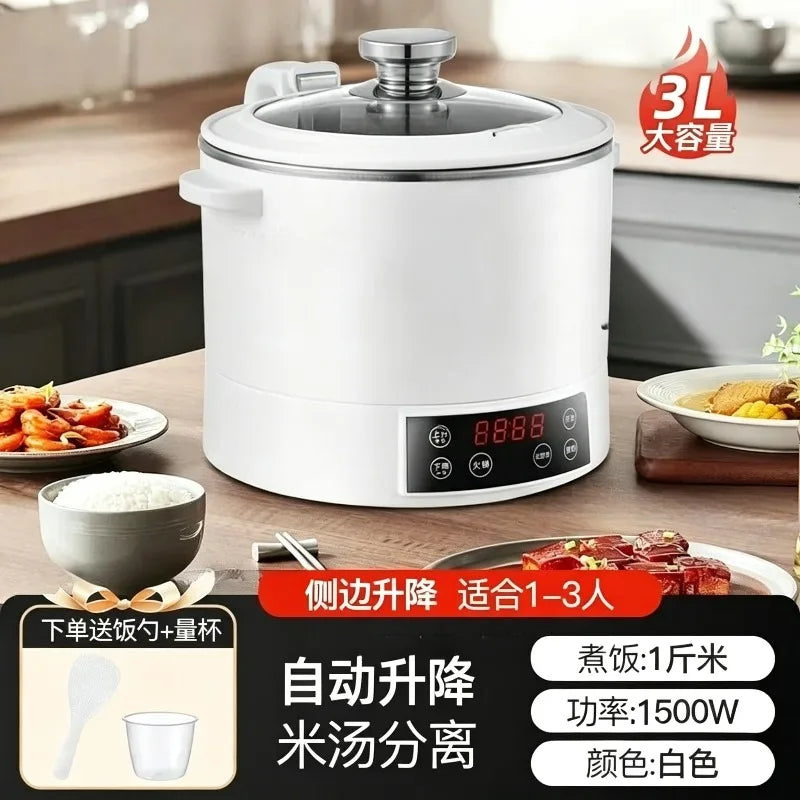 3L electric rice cooker with lid and digital display, white pot on kitchen counter