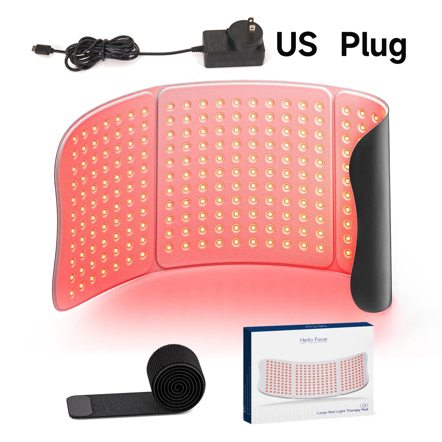 Flexible red light therapy mat with 792 LEDs, a US power adapter, velcro strap, and product packaging box.