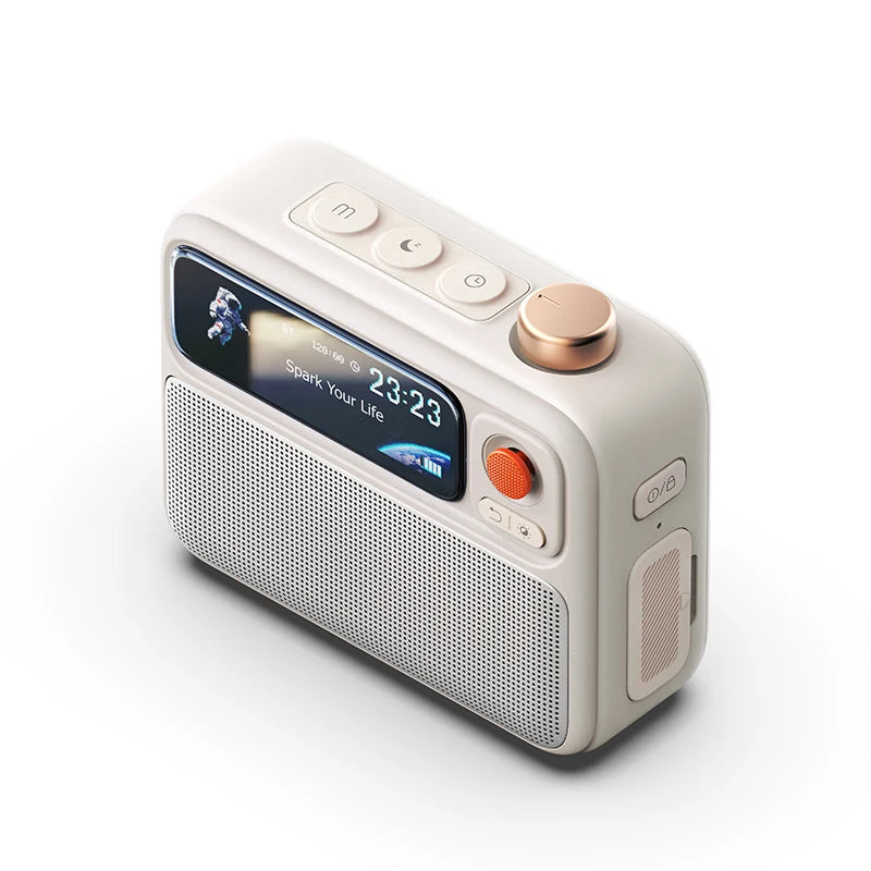 Beige smart white noise machine with LCD screen, speaker grille, and round control knob