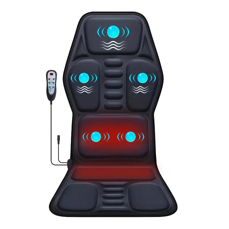 Black chair massage cushion with blue vibration indicators, heat zones, and a handheld corded remote controller.