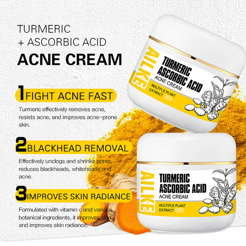 Turmeric acne cream jars with labeled white tubs and yellow powder background