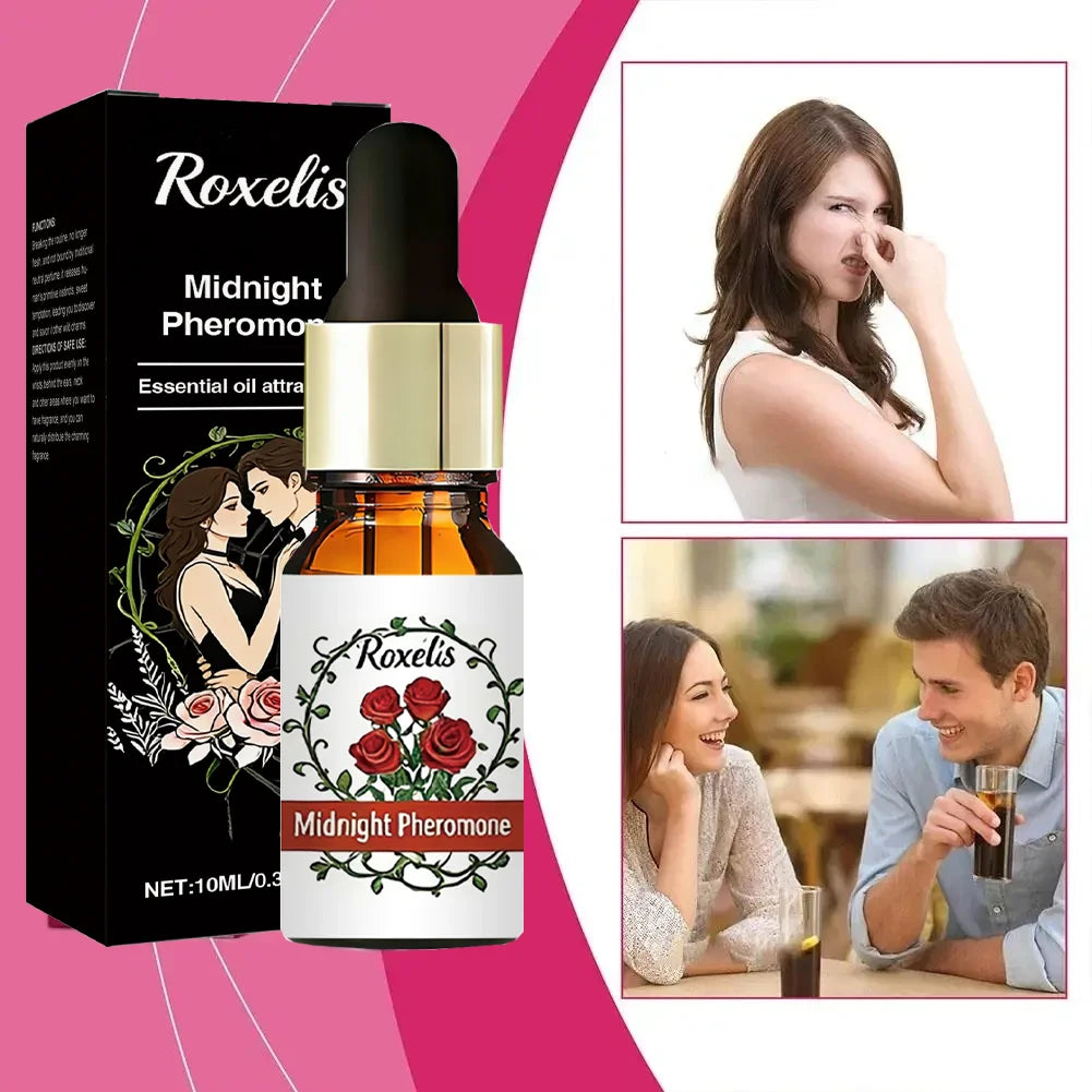 Roxelis Midnight Pheromone essential oil dropper bottle for men and women. Long-lasting attractive rose scent.
