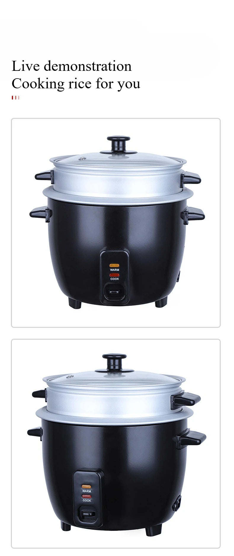Mini rice cooker with glass lid and black body, showing front control panel