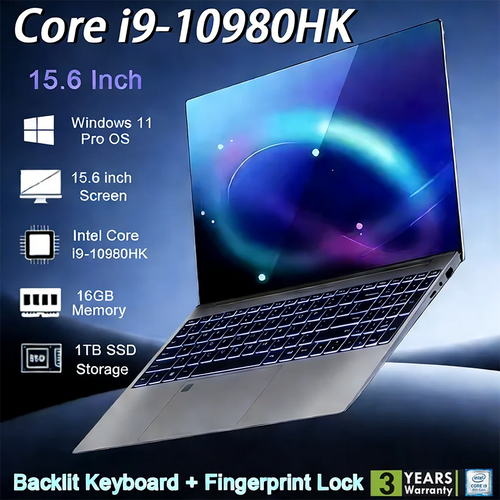 Silver 15.6-inch laptop with a slim-bezel display, backlit keyboard, fingerprint reader, and side ports.