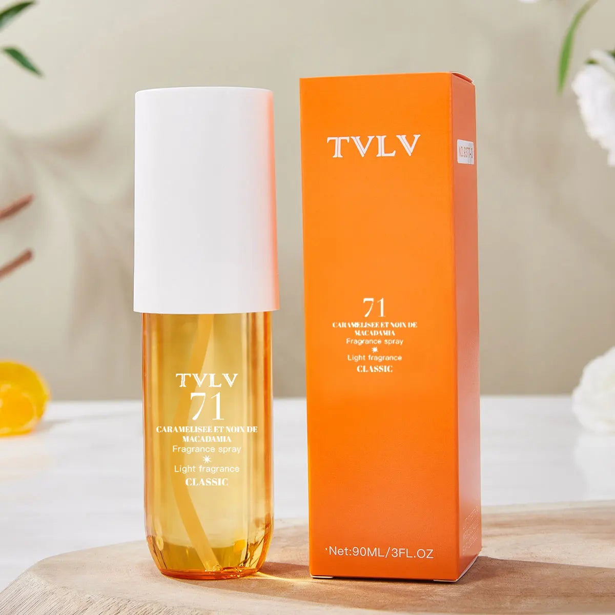 TVLV 71 Macadamia Caramel Perfume: Long-lasting, alcohol-free Brazilian light fragrance spray in a modern glass bottle.