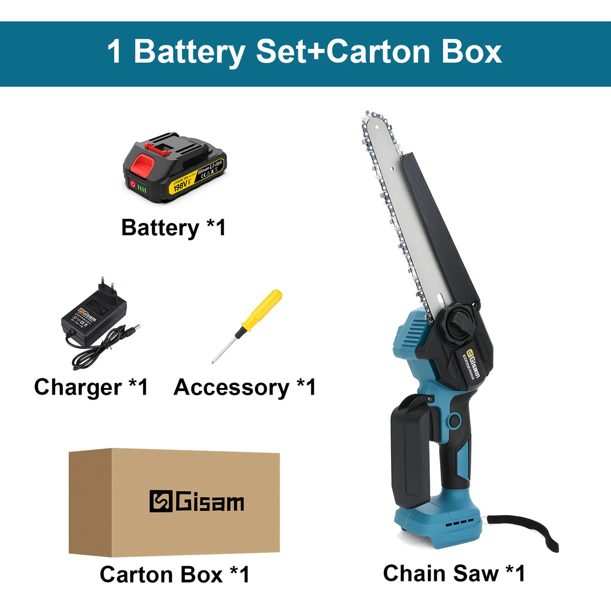 Cordless chainsaw kit with blue/black saw, one battery, charger, accessory, carton box